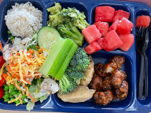 lunch on a blue lunch tray - watermelon, dumplings, General Tsao chicken, broccoli, rice, and a salad
